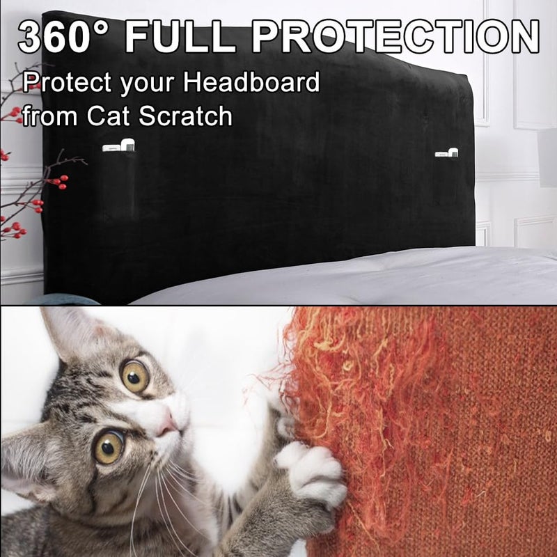 WOMACO Headboard Cover Queen with Storage Pockets, Stretch Velvet Head Board Slipcover, Dustproof Bed Head Cover for Upholstered Headboard (Length (51" - 70"), Black) - Image 4